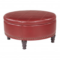 OSP Home Furnishings BP-AUOT32-B19 Augusta Round Storage Ottoman in Crimson Red Bonded Leather with Decorative Nailheads
